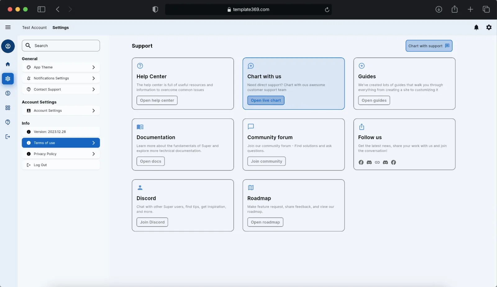 Template369 Settings screen with General, Account Settings and Info groups next to a Support page with help center, live chat and documentation cards