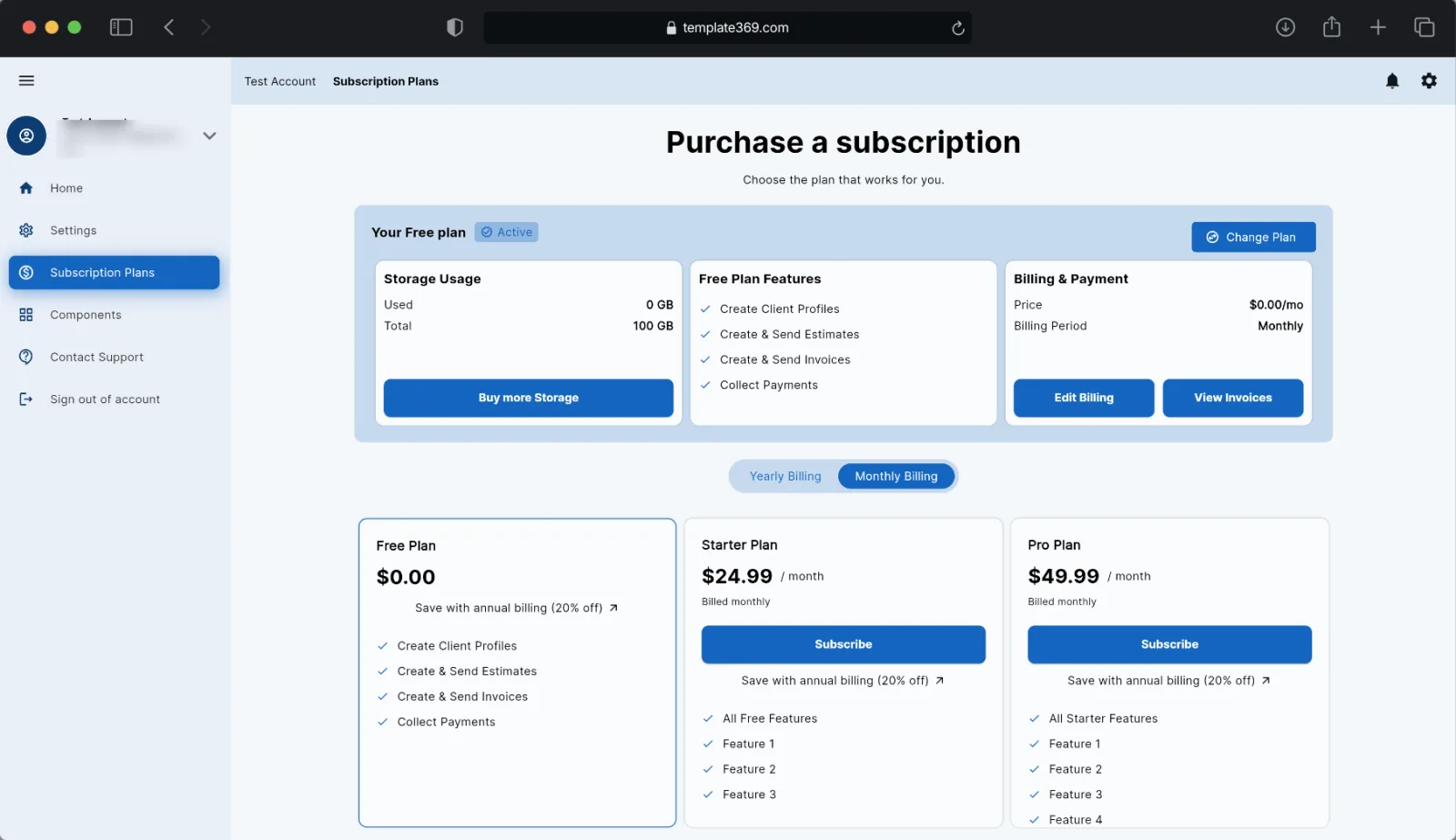 Template369's Subscription Plans screen on desktop web: current plan, billing and payment, and Free, Starter and Pro plans
