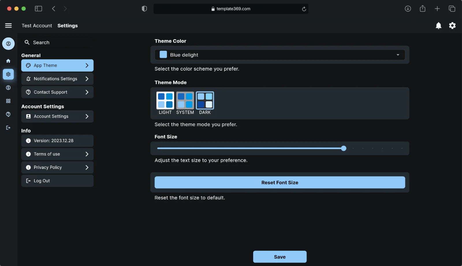 Template369 App Theme settings in dark mode with a colour scheme dropdown, light, system and dark mode tiles and a font size slider